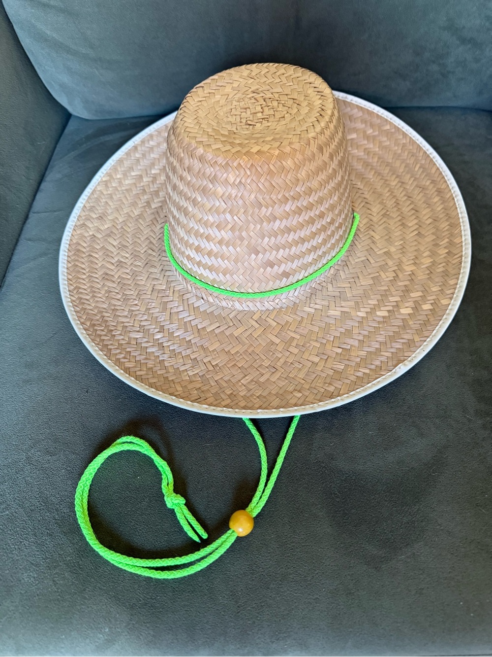 Straw Wide-Brim Sun Hat with Neon Chin Cord - Natural. Adult Unisex OS. - Picture 2 of 4